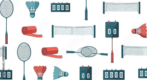 Badminton rackets and shuttlecocks on display.