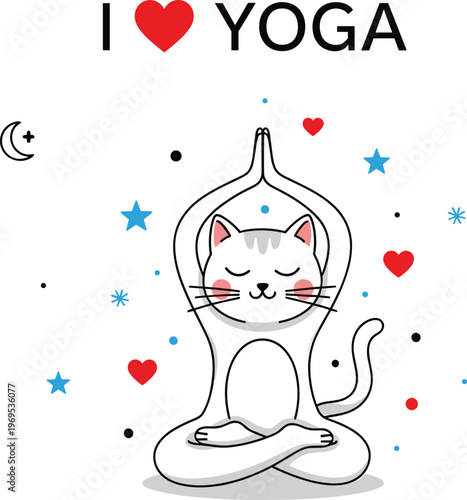 Cute cartoon cat meditating in lotus pose, practicing yoga with hearts and stars, symbolizing peace and relaxation in a whimsical style.