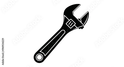 A simple black and white illustration of an adjustable wrench.