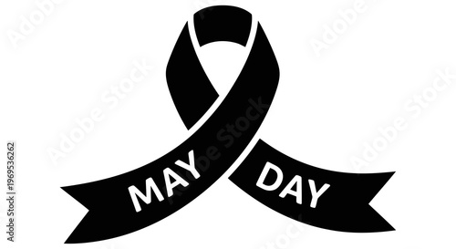 A black ribbon with the words may day forming a loop symbolizing awareness and support