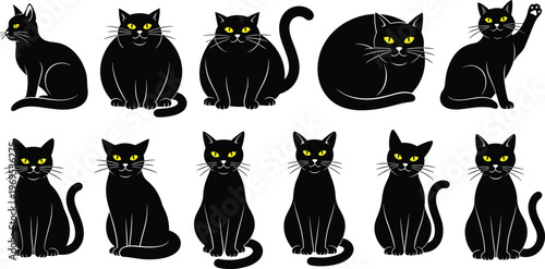 Black cat silhouette collection with various poses, cute domestic kitten set with yellow eyes, feline vector illustration.