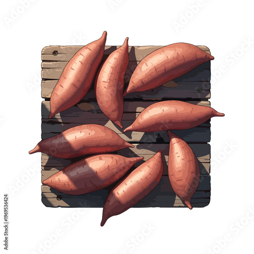 Several root vegetables are arranged on a rustic wooden surface