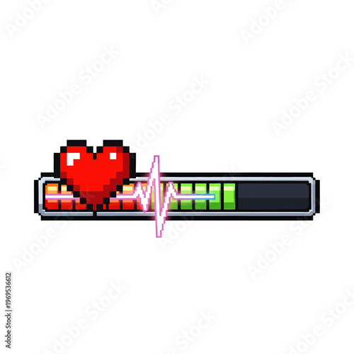 Pixelated health bar with heart and heartbeat graphic