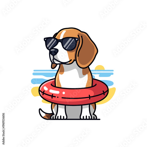 A dog wearing sunglasses and a float enjoys a sunny day at the beach