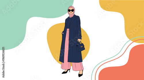 Stylish Muslim woman wearing a long navy coat, pink wide-leg pants, and a pink hijab, accessorized with sunglasses and a handbag, against a colorful abstract background.