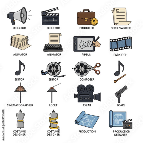 Collection of creative industry profession icons and tools