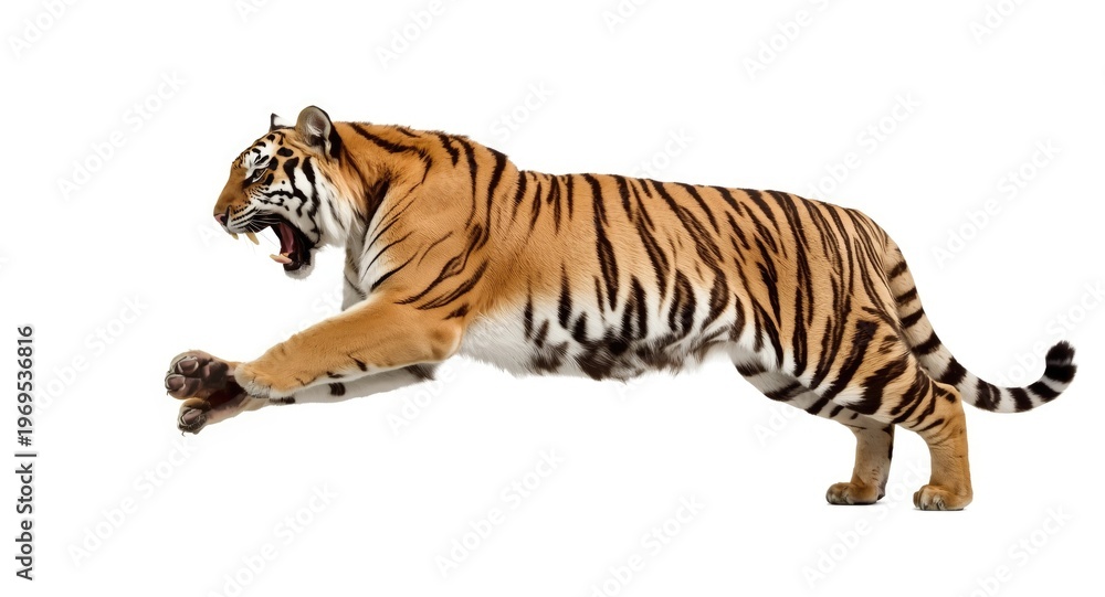 Fototapeta premium Tiger big cat male springing powerfully isolated on white setting