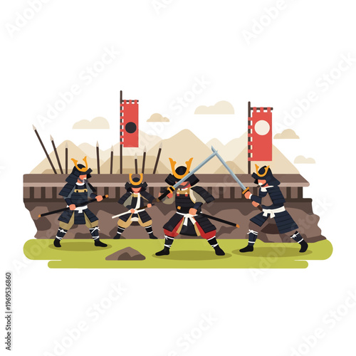 Warriors in traditional armor engage in combat with swords