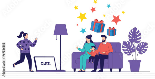 Family enjoys a virtual quiz competition at home with gifts and stars raining down, celebrating online entertainment and togetherness.