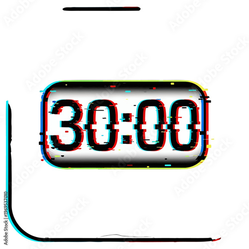 Digital timer displays thirty minutes with glitch effect on white background