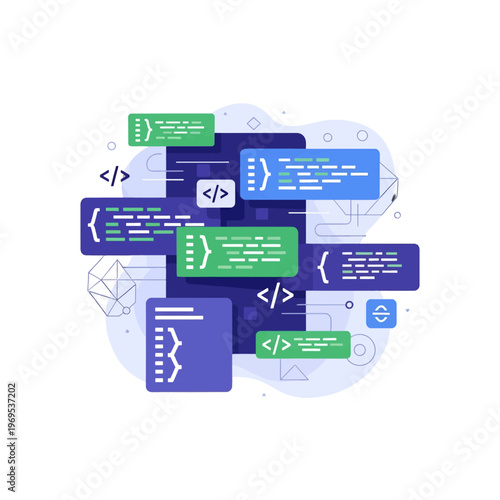 Abstract digital code blocks with programming symbols and data structures