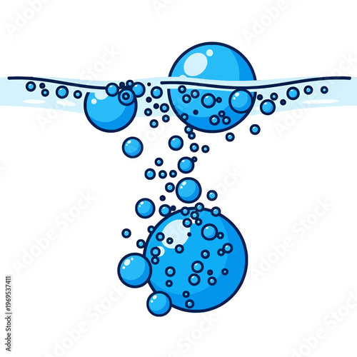 Blue bubbles rise through clear liquid on a white background