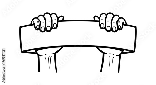 Hands holding a blank sign against a white background with simple lines.