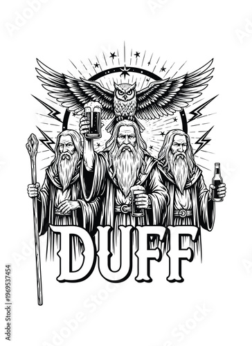 Vector of three bearded wizards holding beer mugs with an owl above them