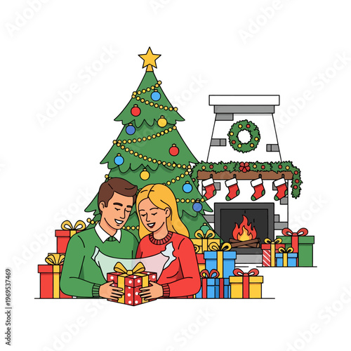 Couple opening presents by a decorated Christmas tree and fireplace