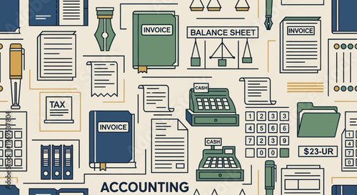 Green calculator and office supplies.