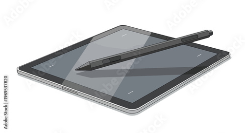 Black Stylus on Tablet Screen Closeup.