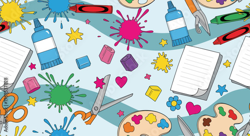 Colorful Art Supplies Scattered Everywhere.