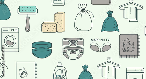 Laundry and cleaning supplies icons.