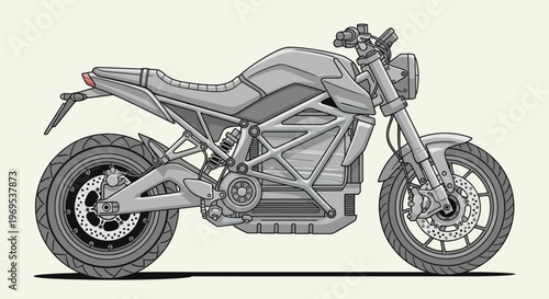 Modern motorcycle with sleek design features.