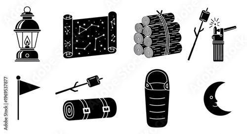 Camping gear and outdoor equipment icons.