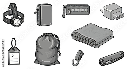 Camping gear and outdoor equipment collection.