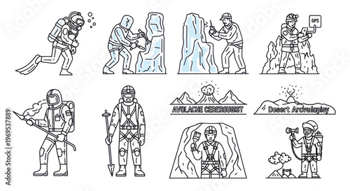 Scuba divers in various activities.