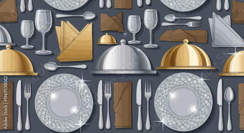 Variety of table setting dishes plates.