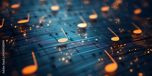 Glowing digital musical notes float above a dark futuristic circuit board surface representing the concept of electronic music composition and sound technology in cyberspace