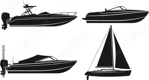 Collection of black boat silhouettes including speedboats motorboats and a sailboat isolated on white background for nautical marine and maritime design