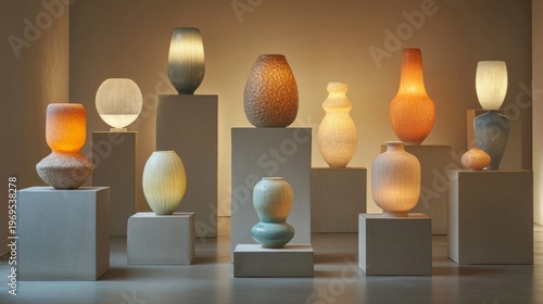 A collection of handmade ceramic lamps displayed in an artisan studio. Each lamp has a unique texture and color, placed on pedestals with soft spotlighting.