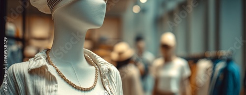 Mannequin displaying fashion outfit with accessories in women's store