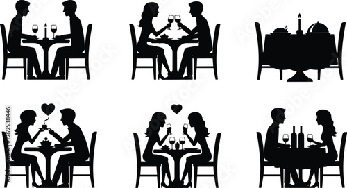 Romantic couple dinner black silhouette set featuring man and woman having date at restaurant with wine glasses and candles isolated on white background vector.