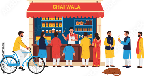 Indian street tea stall flat vector illustration featuring a chai wala serving hot tea to customers in traditional clothing isolated on white background.