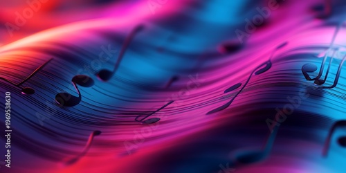 Abstract close up of musical notes flowing across dynamic sheet music illuminated by vibrant neon magenta and electric blue lighting creating a modern aesthetic background design