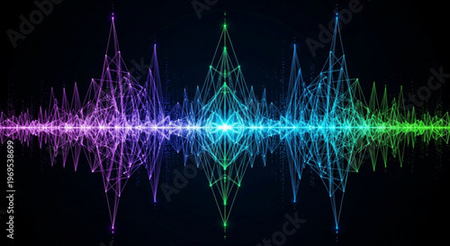 Vibrant sound wave graphic with purple blue and green hues on a dark background representing music and audio visualization