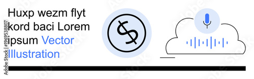 Cloud technology, voice recognition, digital payments, online transactions, fintech, audio processing. Dollar sign within a circle and a microphone with waveform in cloud icon. Cloud technology
