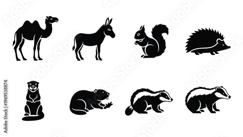 A collection of various animal silhouettes including a camel donkey squirrel and hedgehog presented in black silhouette high quality professional detailed