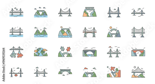 Bridge Icons Set Vector Illustration Travel Landmarks Architecture Engineering Design Elements Minimalist Style Graphic