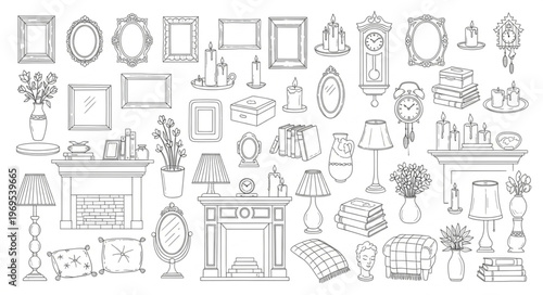 Collection of Hand-Drawn Fireplace and Home Decor Elements.