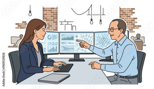 Two professionals collaborating on data analysis in an office setting