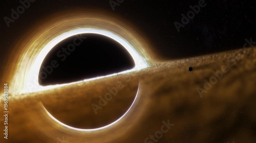 Supermassive black hole event horizon golden accretion disk gravitational lensing, warped spacetime, swirling plasma, deep space stars, cinematic cosmos, astrophysics concept, sci fi background