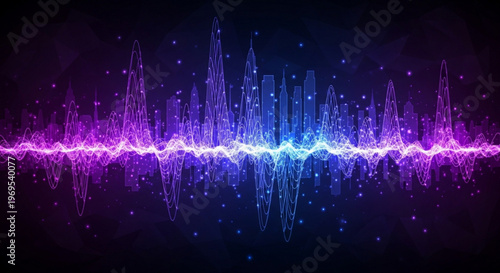 Vibrant sound wave graphic with purple blue and pink hues on a dark background with starry night effect