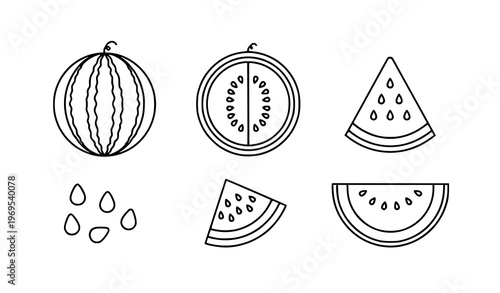 Outline Watermelon Icons – Minimal Fruit Line Vector Illustration Set