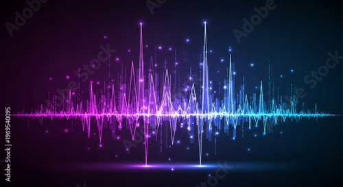 Vibrant sound wave graphic with purple and blue hues on dark background conveying energy and music technology