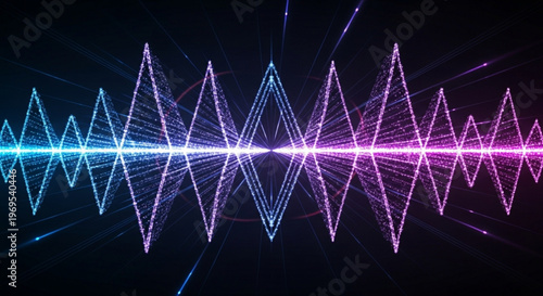 Vibrant sound wave pattern with blue and purple neon lights on dark background symbolizing music and technology