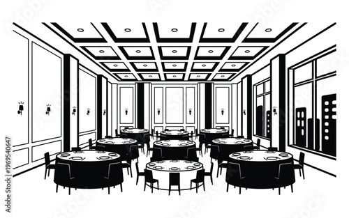 Elegant black and white sketch of a grand dining hall with multiple round tables