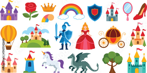 Flat Vector Fairy Tale Kingdom Icon Set Featuring Magic Castles Princess Knight Dragon Unicorn Rainbow Carriage and Fantasy Elements,