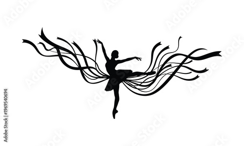 Black silhouette of ballerina dancing with flowing ribbons.