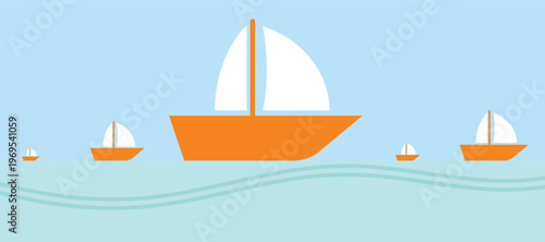 Sailboat vector set on ocean waves with minimalist flat design elements in various sizes and shapes